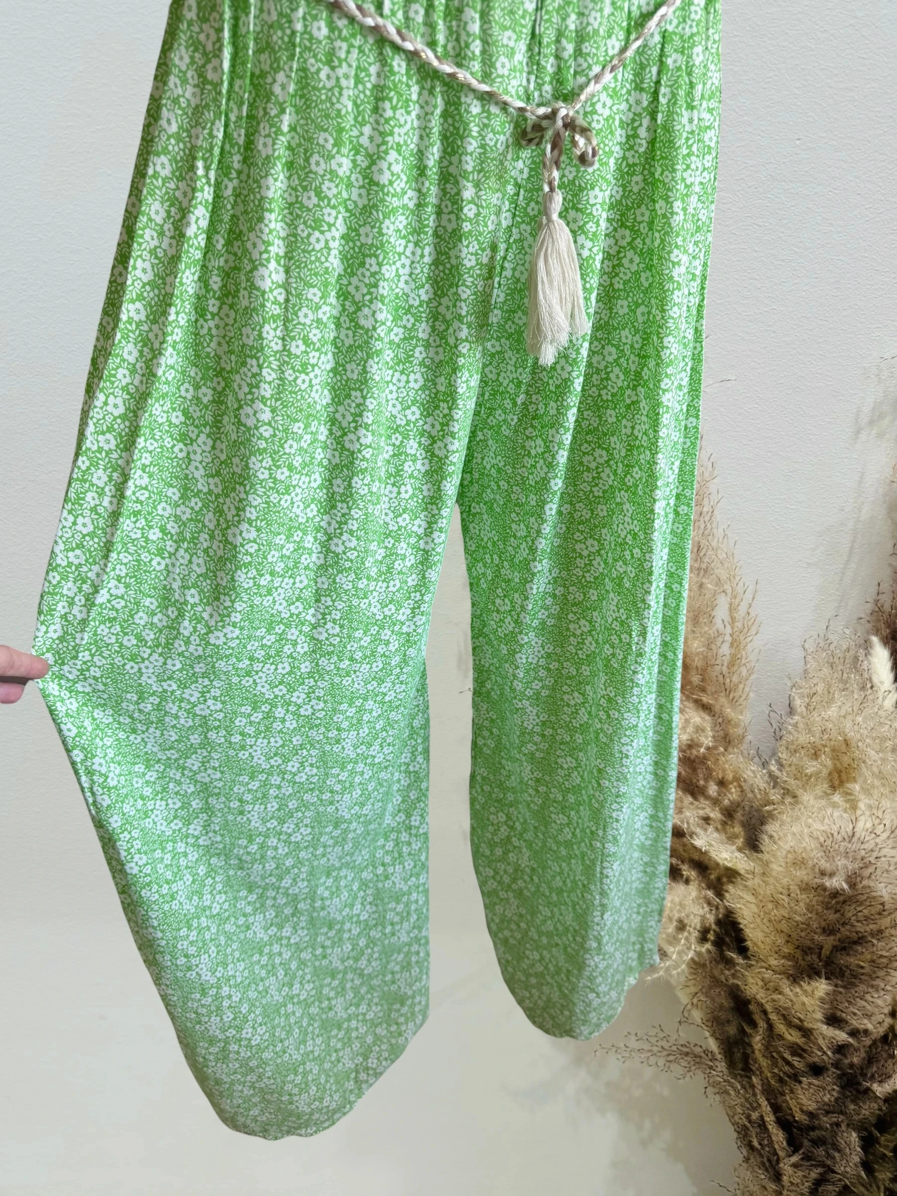 Pantalon fluide Palazzo verde e flor branca especial grande – photo 3